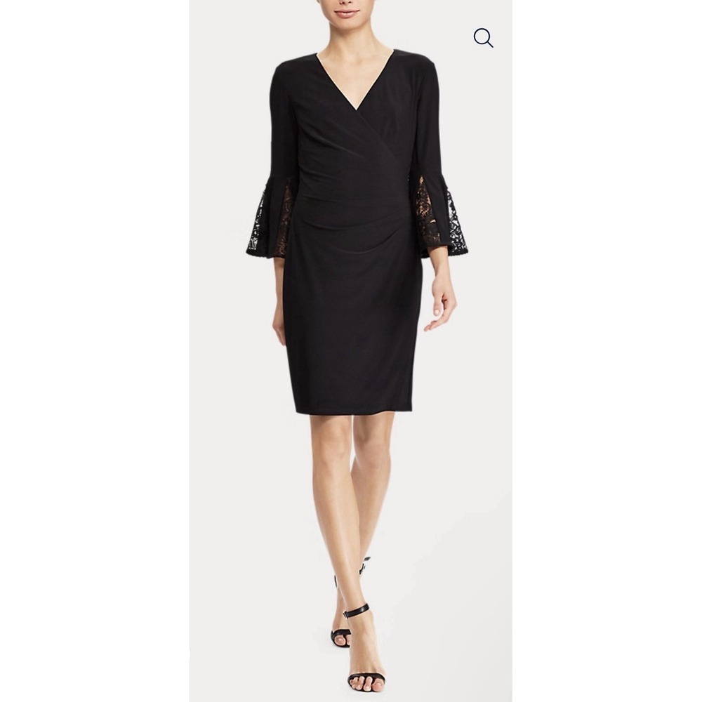 NWT LAUREN RALPH LAUREN Jersey Bell Sleeve Dress Size 4 Black Surplice Stretch